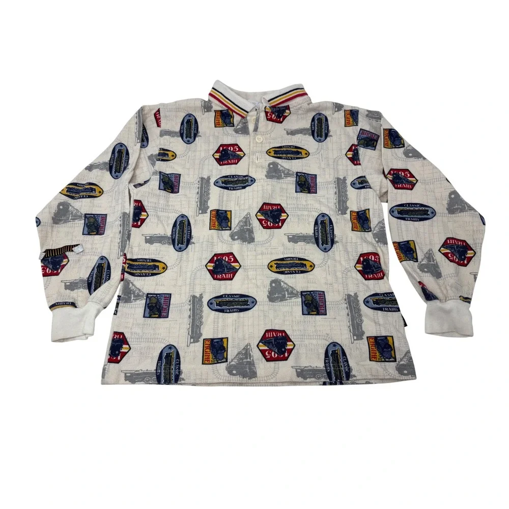 Vintage OshKosh B'gosh Boys Size 7 Train Print Long Sleeve Polo Shirt Cream 90s